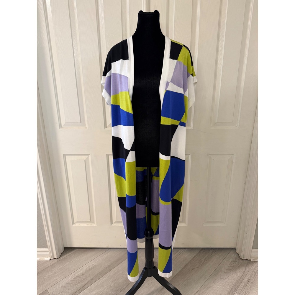 Misook Womens Geometric Knit Longline Duster Vest Cardigan Blue Green Medium
